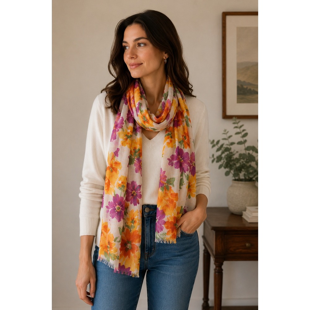 J. Crew Scarf Women One Size Orange Purple Floral Viscose Lightweight Wrap 17552
